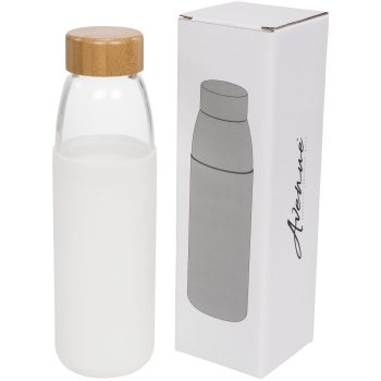 Szklany bidon z drewnianym wieczkiem Kai 540 ml, biały